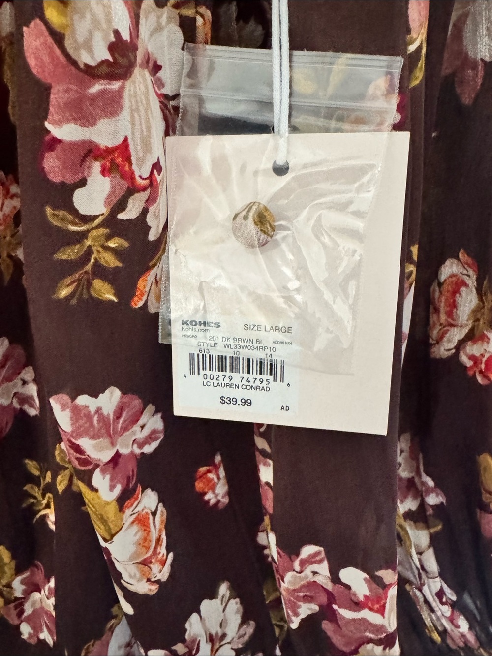 LC Lauren Conrad Chocolate Floral Square-Neck Blouse with Pink and Cream Blooms - Picture 2 of 3